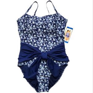 New! Carole Hochman Women Swimsuit Tie Waist Paisley Lined Blue White Large
